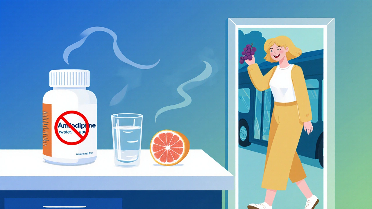 A pill bottle next to a grapefruit with a no symbol, while a woman walks freely to the bus.