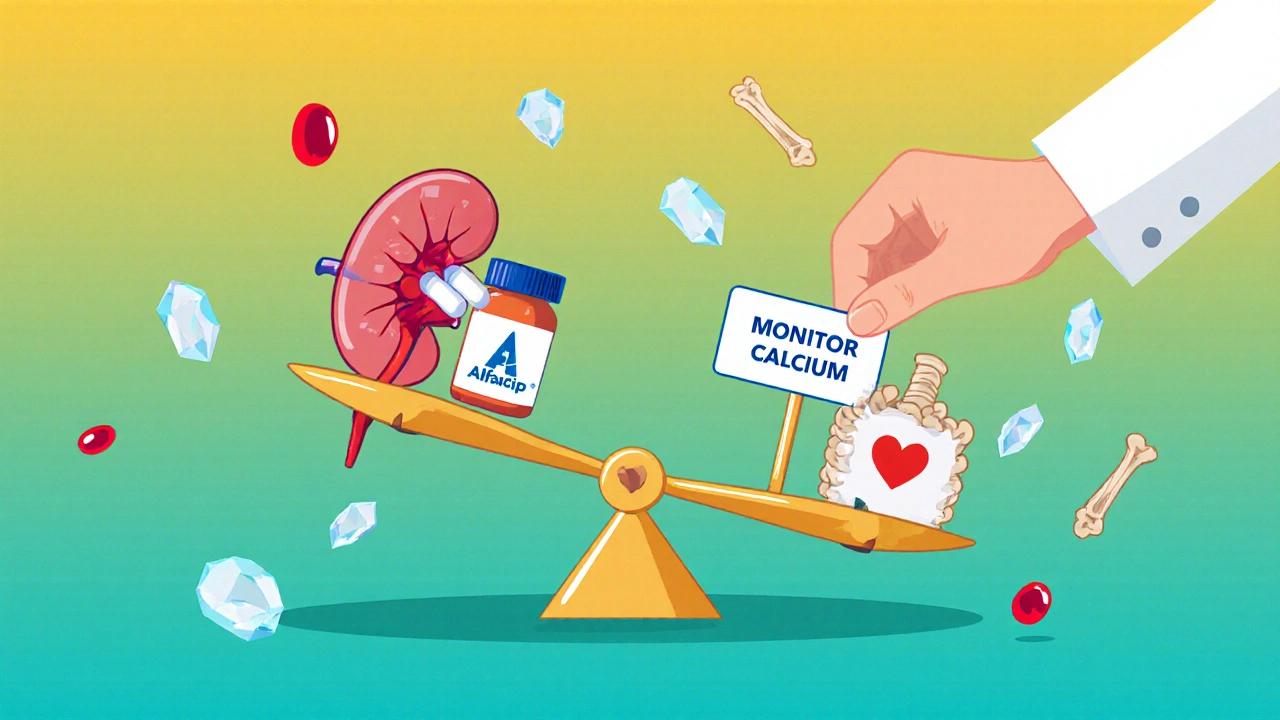 A scale balancing kidney, bone, and heart symbols with Alfacip and calcitriol, under a doctor's watchful hand.