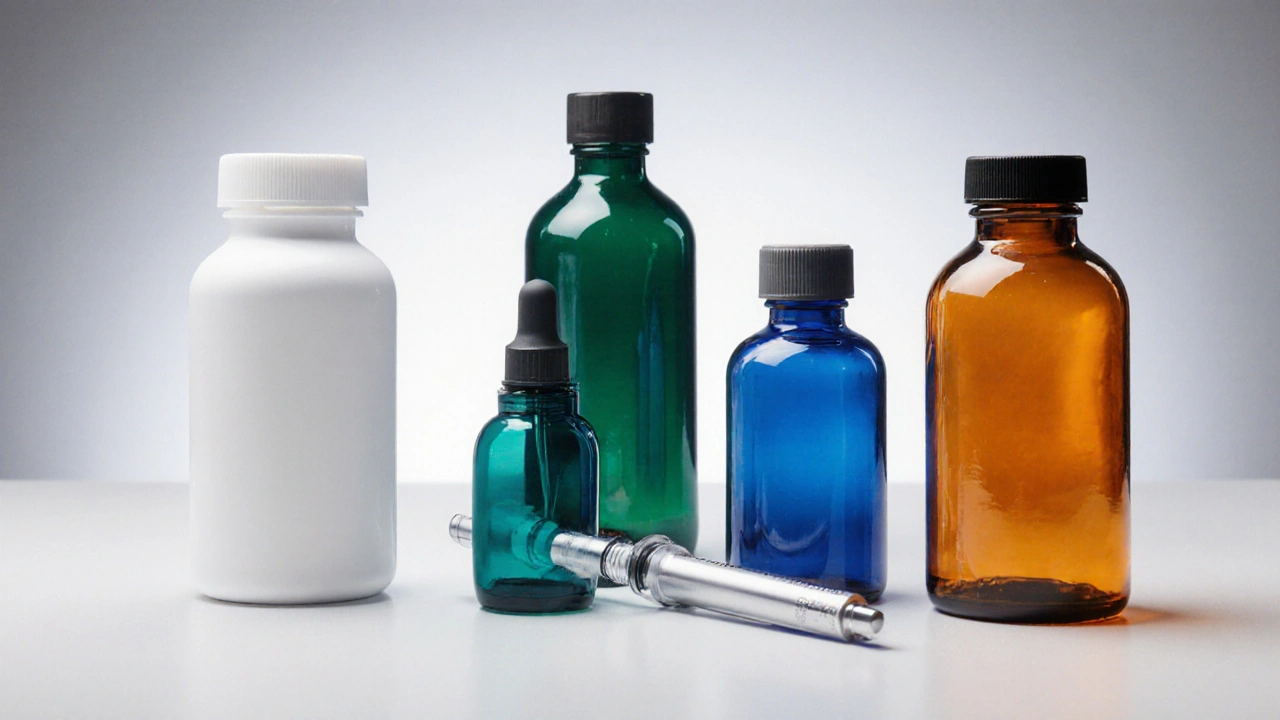 Array of six different diabetes medication bottles on a white countertop.