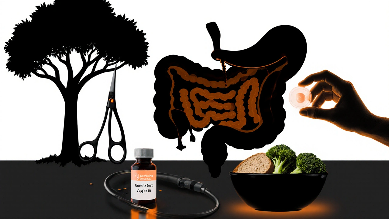 Black‑white scene with amber highlights of colonoscopy, surgery, aspirin, and fiber foods.