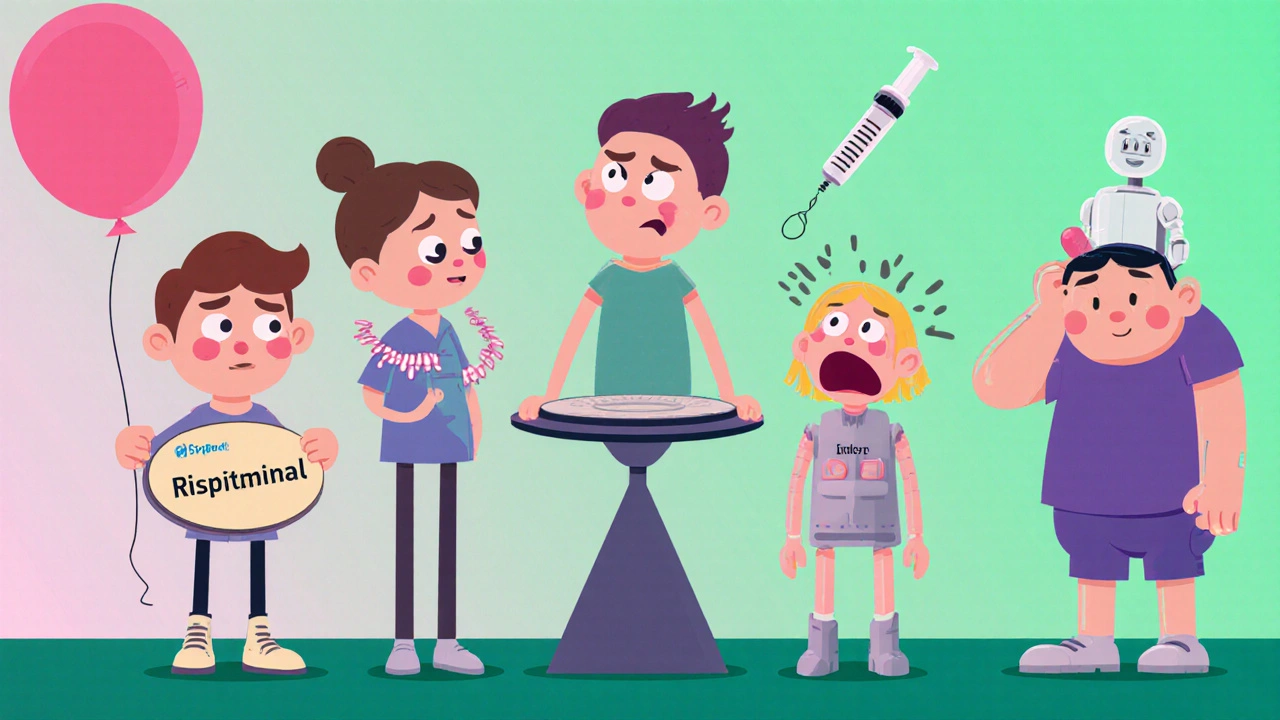 Cartoon characters representing five antipsychotics with visual cues for side effects.
