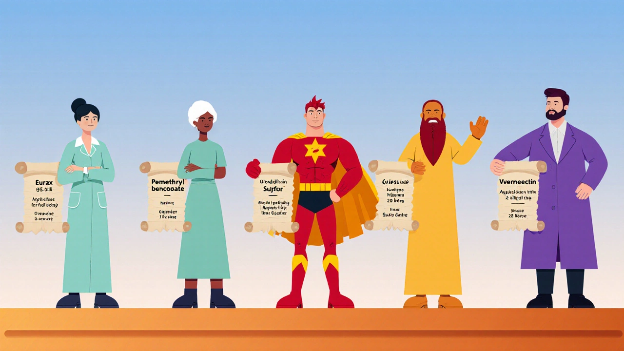 Cartoon characters representing five scabies treatments showing key attributes side by side.