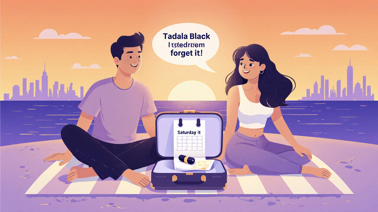 Cartoon couple planning a weekend with pill bottle and calendar indicating long‑lasting effect.
