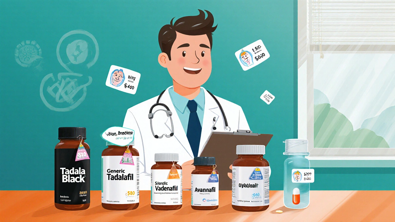 Cartoon doctor comparing pill bottles with price tags and side‑effect symbols.