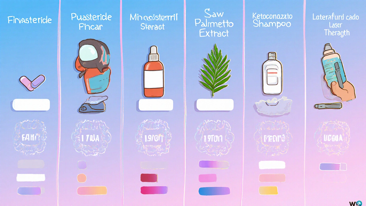 Cartoon grid compares six hair‑loss treatments using distinct icons.