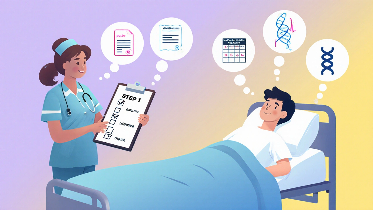 Cartoon nurse using a five‑step checklist beside a patient with thought bubbles for each step.