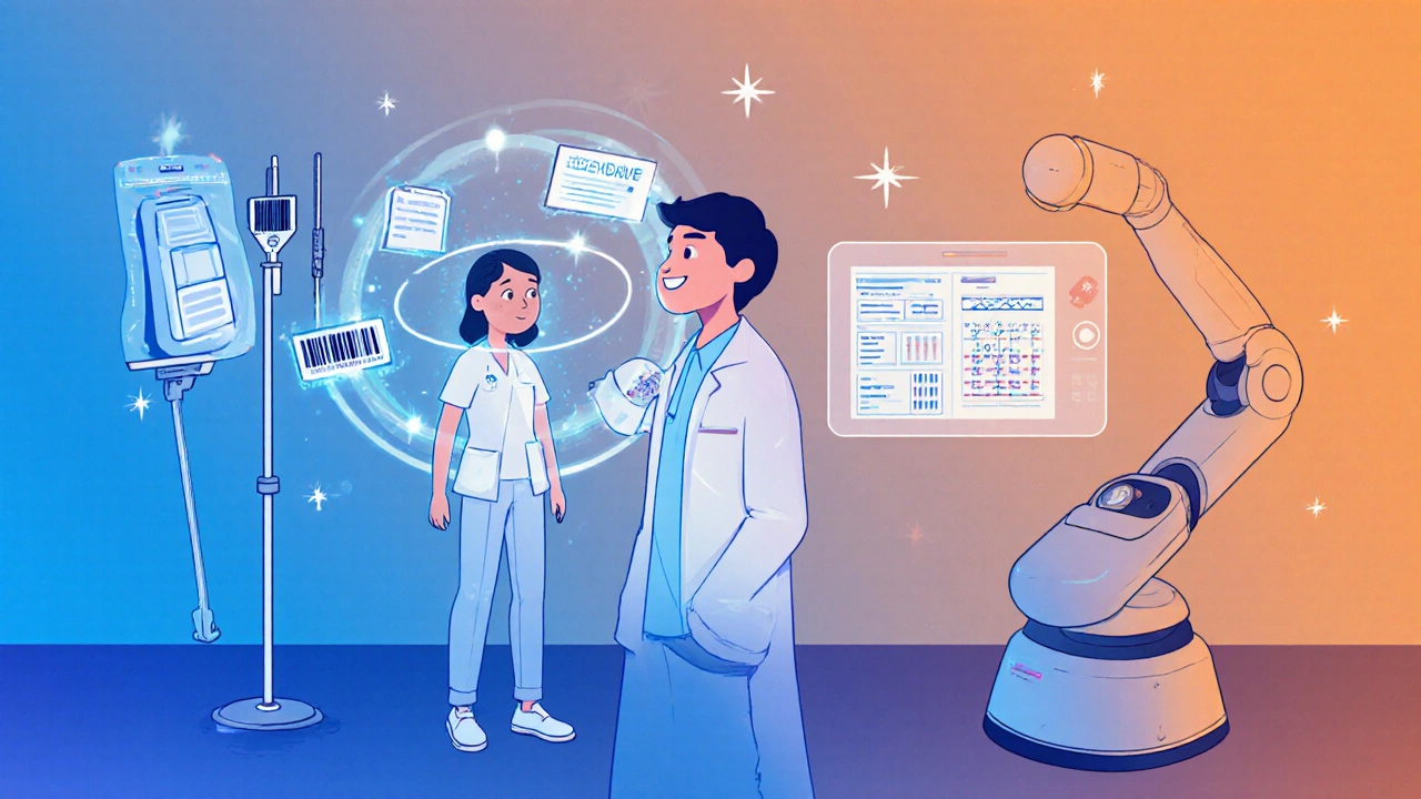 Cartoon of futuristic hospital ward with barcode scanning, AI alerts, and genetic testing on a gradient backdrop.