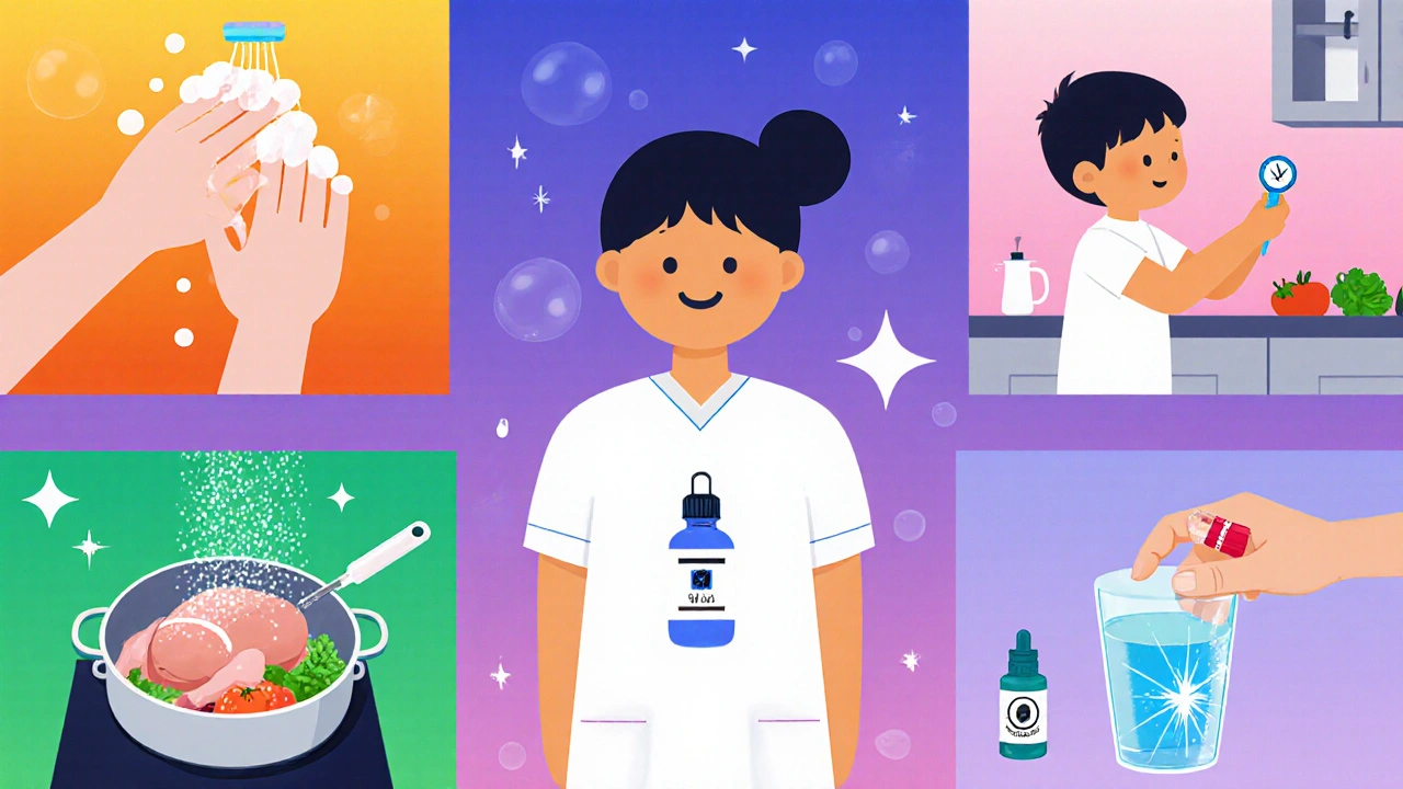 Cartoon showing hand washing, vaccination, food safety, wound care, safe water, and antibiotics use around a character.