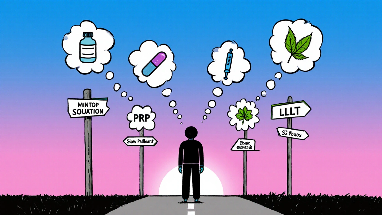 Character at a crossroads with signposts for different hair‑loss options and comparison icons.