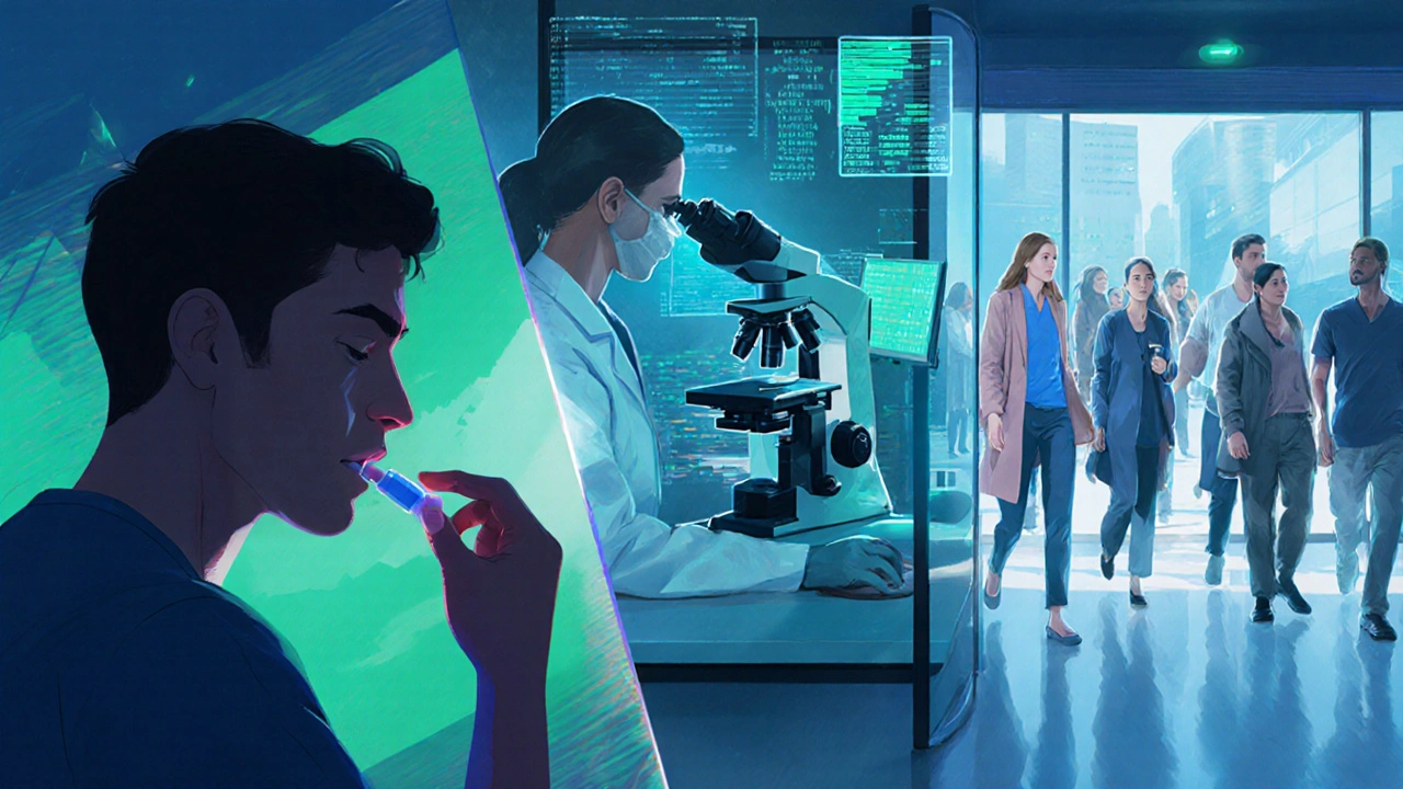 Clinical trial scene showing patient taking a TKI, researcher examining samples, and hospital trial center.