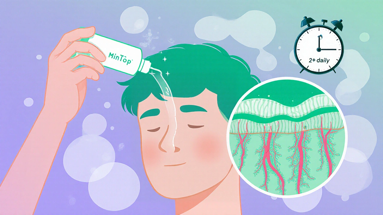 Close‑up of someone applying Mintop Solution to a scalp with visible hair follicle effect.
