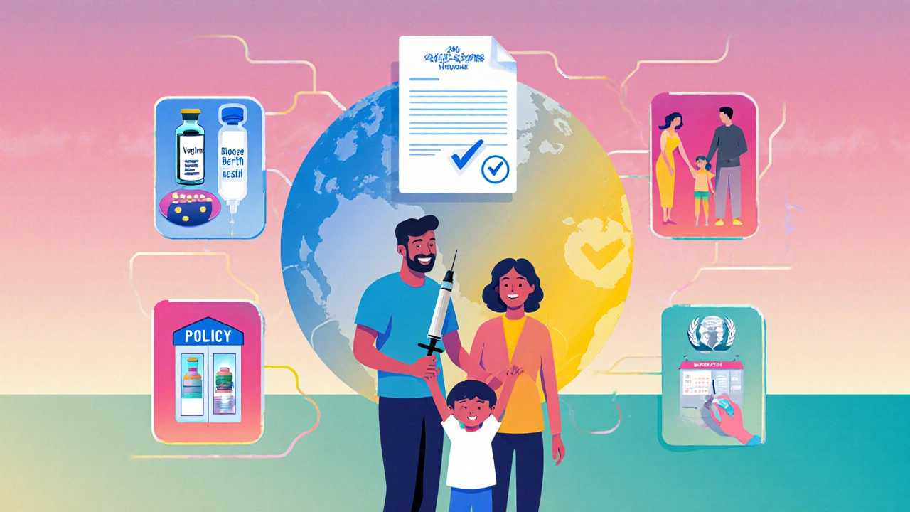 Community health poster showing vaccination, safe sex, and antiviral treatment icons.