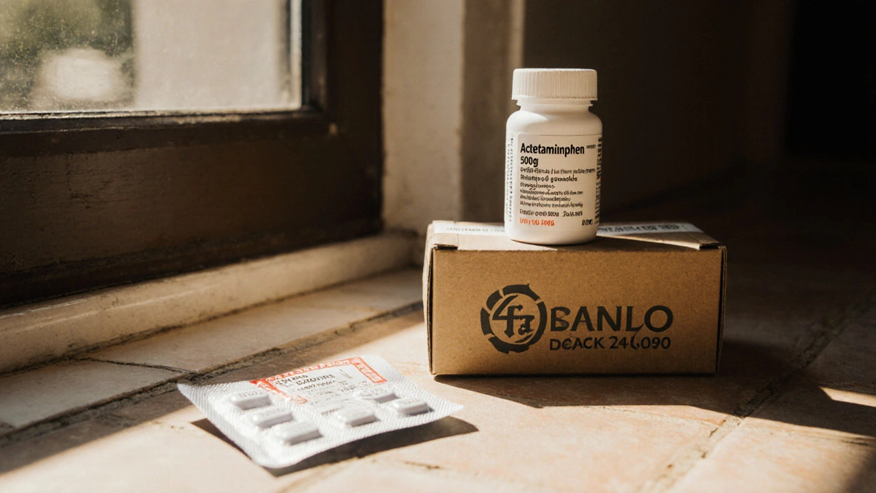Delivered pill bottle of genuine acetaminophen beside a counterfeit pack on the floor.