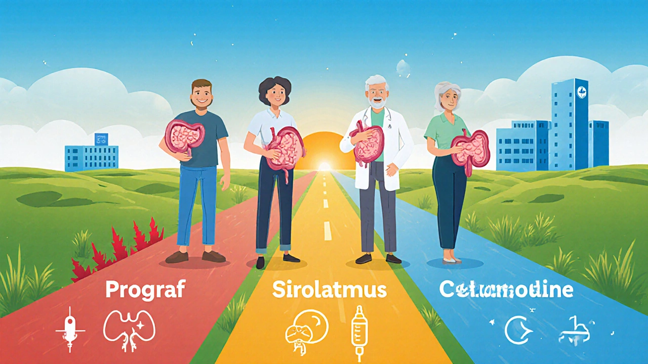 Diverse transplant patients walking on paths representing different drug treatments