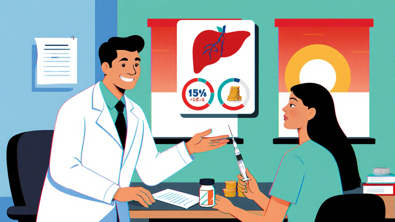 Doctor and patient discussing treatment options with heart, liver, and cost symbols.
