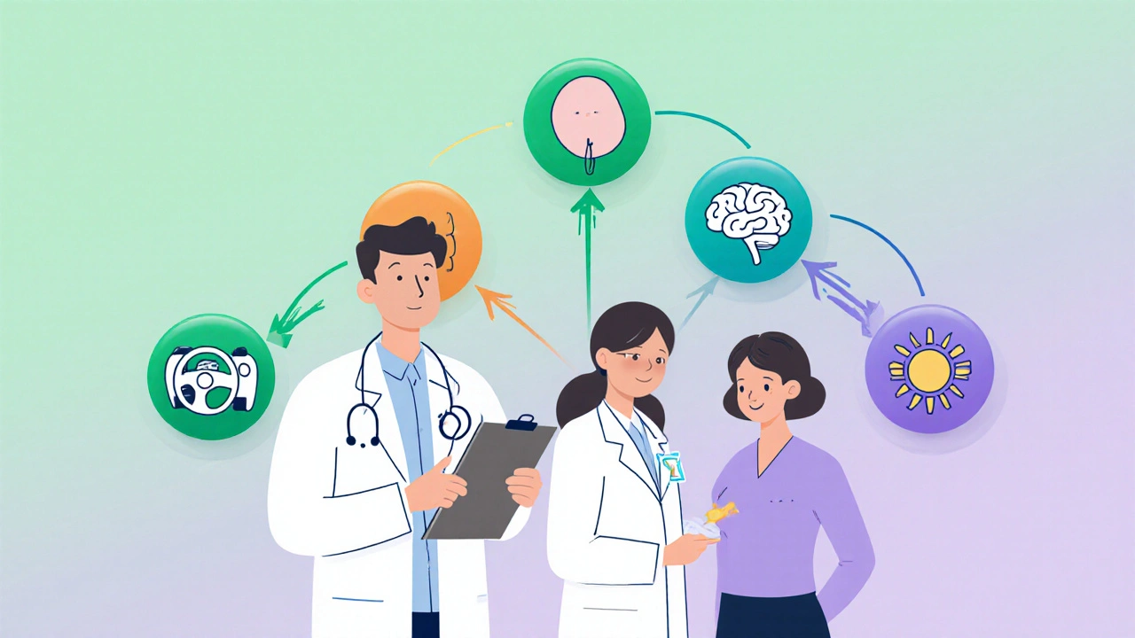 Doctor and patient with a cartoon decision tree showing pregnancy, dizziness, CNS, and sun safety icons.