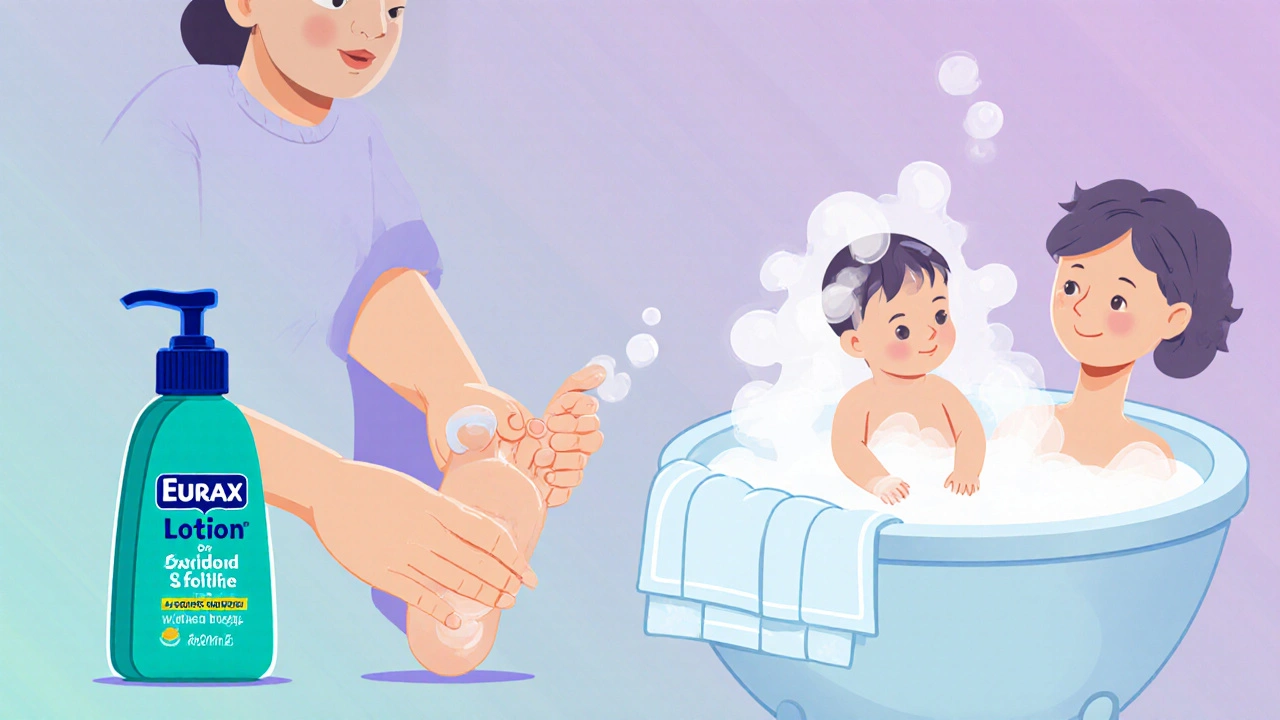 Family applying Eurax lotion to a child and washing bedding, shown in a warm gradient bathroom.