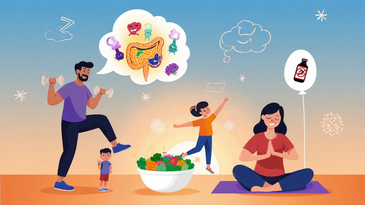 Family in a park practicing exercise, healthy eating, sleep, and probiotics, with myth‑busting visual.