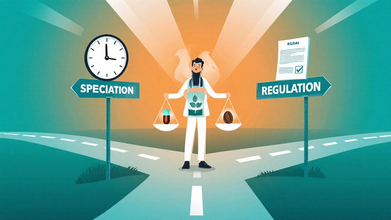 Figure at a crossroads choosing between speed, stimulation, and regulation with a balance scale.