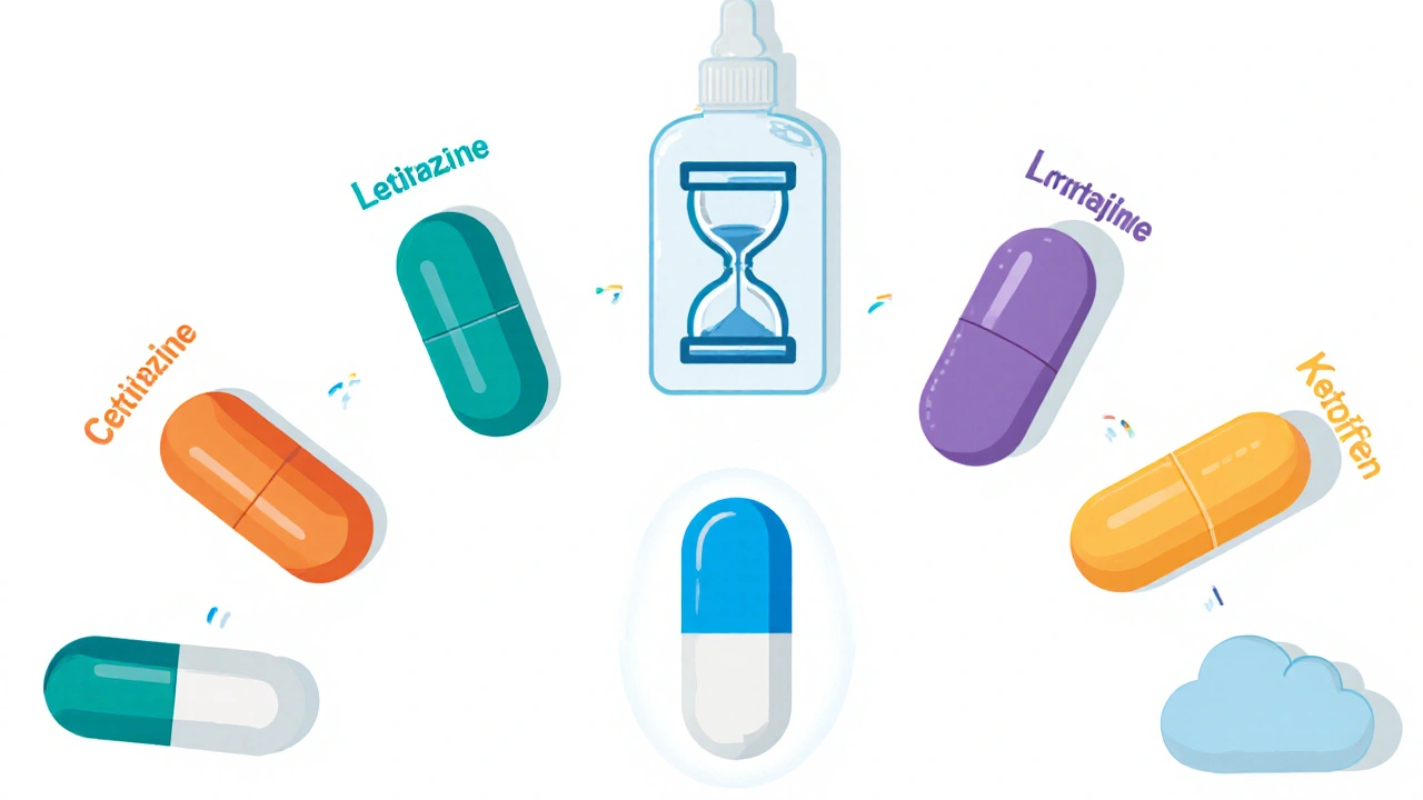 Flat illustration comparing six allergy meds with icons for onset and side effects.