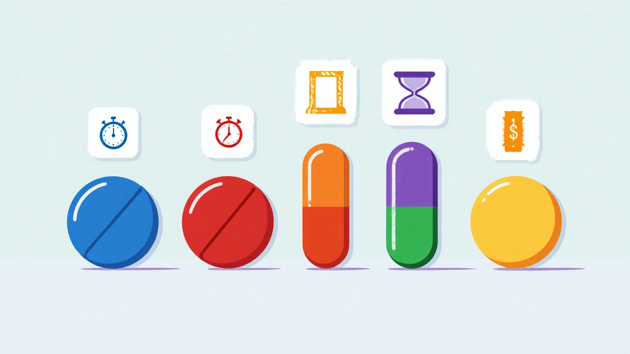 Flat illustration of six different ED pills lined up side by side.