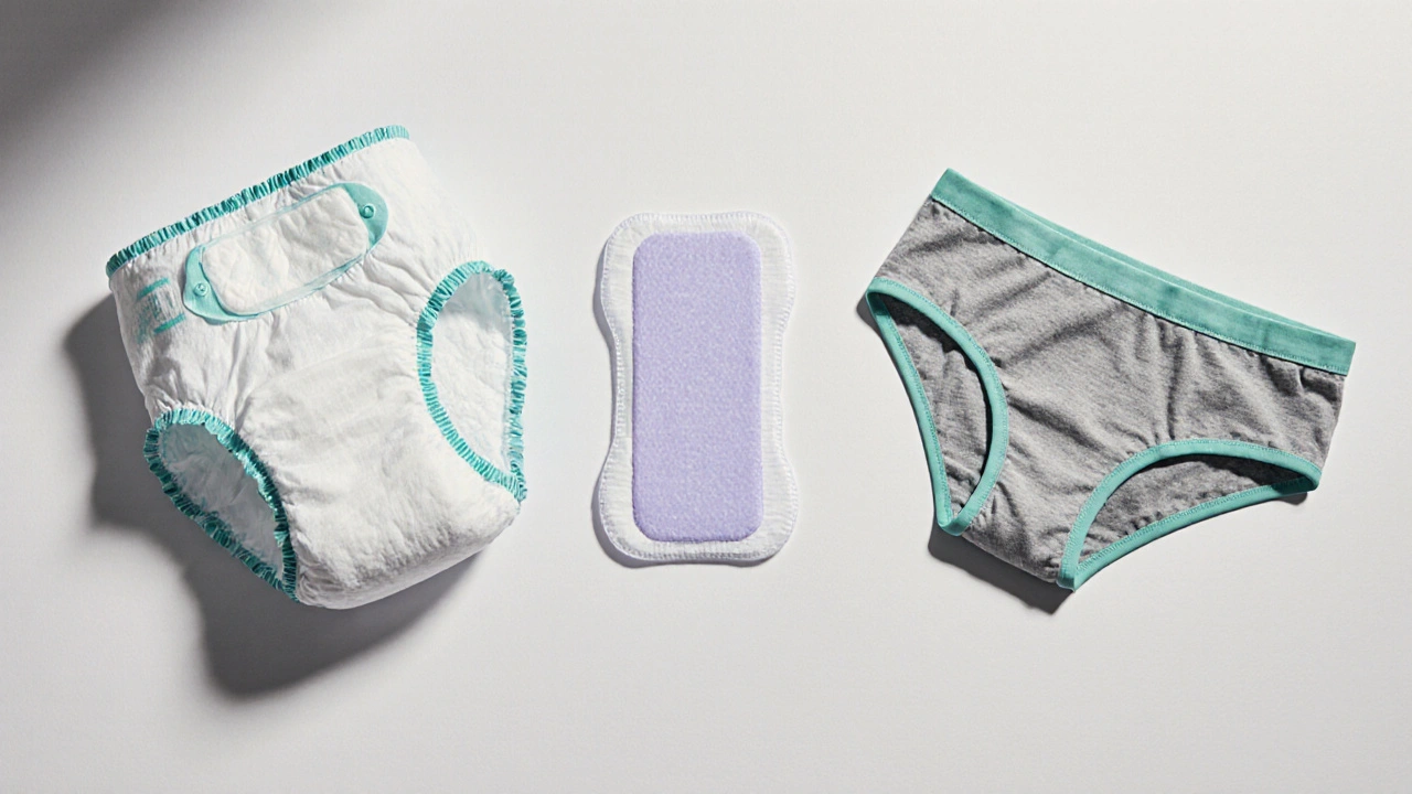 Flat‑lay of adult diaper, absorbent pad, and moisture‑wicking underwear with subtle color accents.