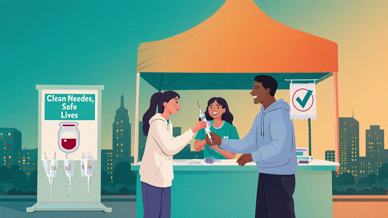 Health worker hands clean syringe at a needle‑exchange outreach booth.