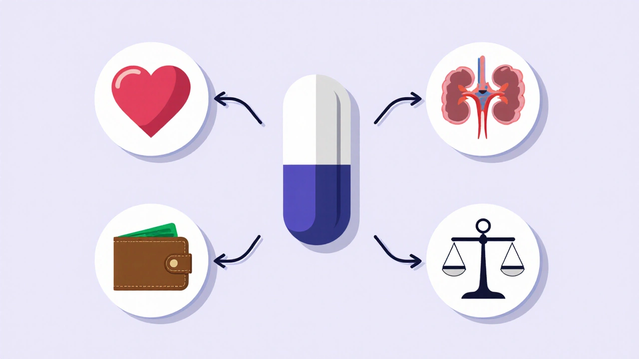 Iconic decision tree with pill, heart, kidney, wallet, and weight scale icons.