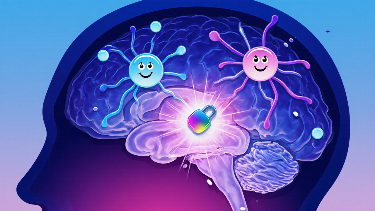 Illustrated brain showing dopamine and serotonin pathways blocked by Risperdal.