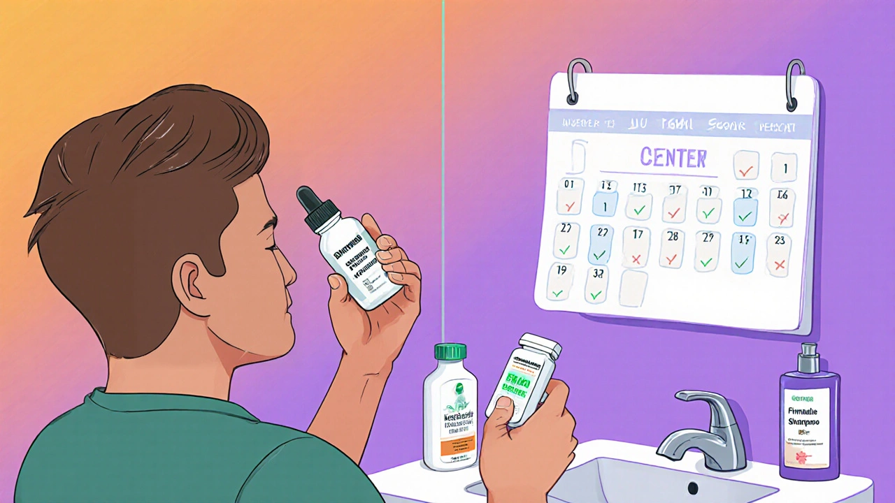 Man follows combo regimen: applying minoxidil, holding finasteride pill, shampoo, and laser device.
