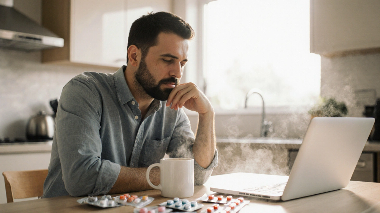 Man thoughtfully examining pill options at a kitchen table.