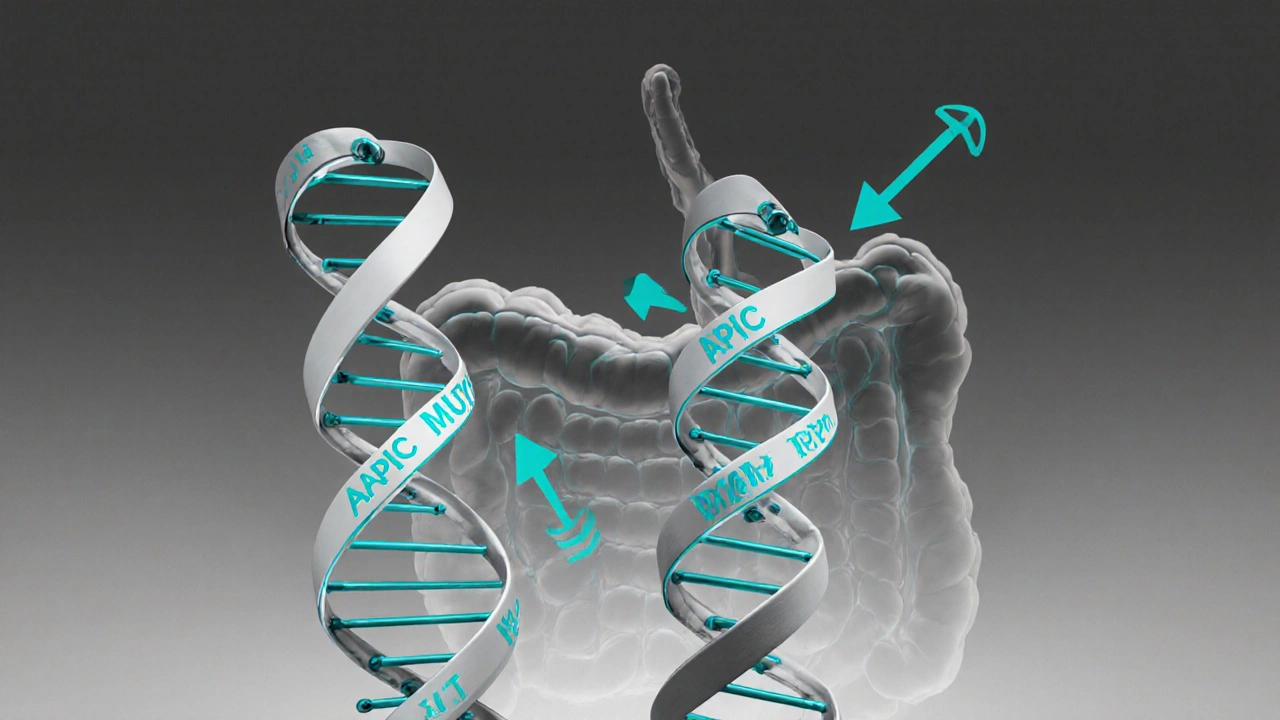Monochrome DNA strands with cyan accents showing gene mutations.