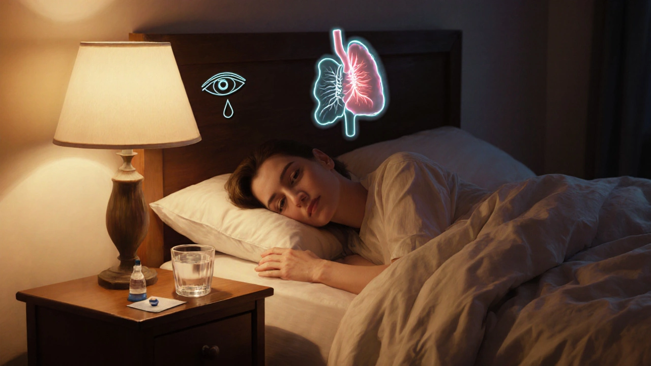 Nighttime bedroom scene showing ketotifen tablet and eye drops beside a sleeping person.