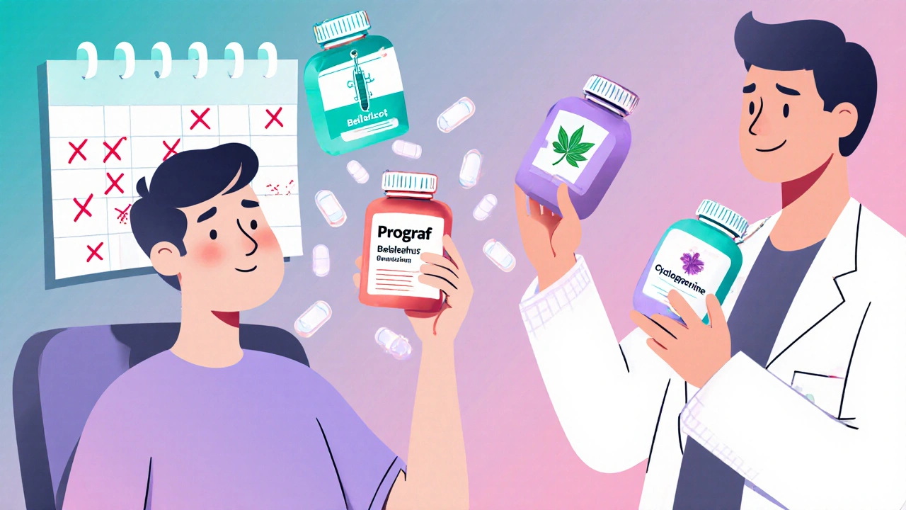 Patient shaking with Prograf pills mid-air, doctor presenting alternative medications