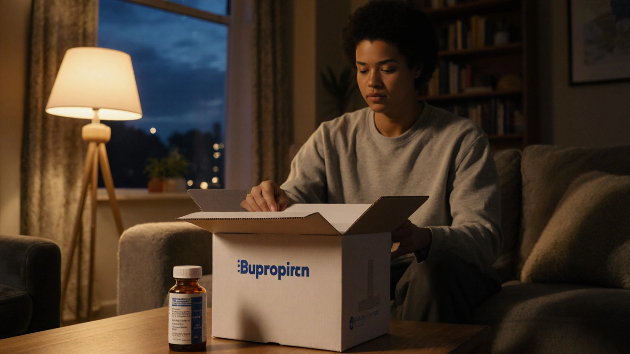Person opening a delivery box with generic bupropion bottle in a warmly lit living room.
