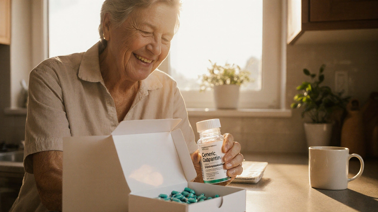 Person opening a sealed box revealing a bottle of gabapentin capsules in sunlight.