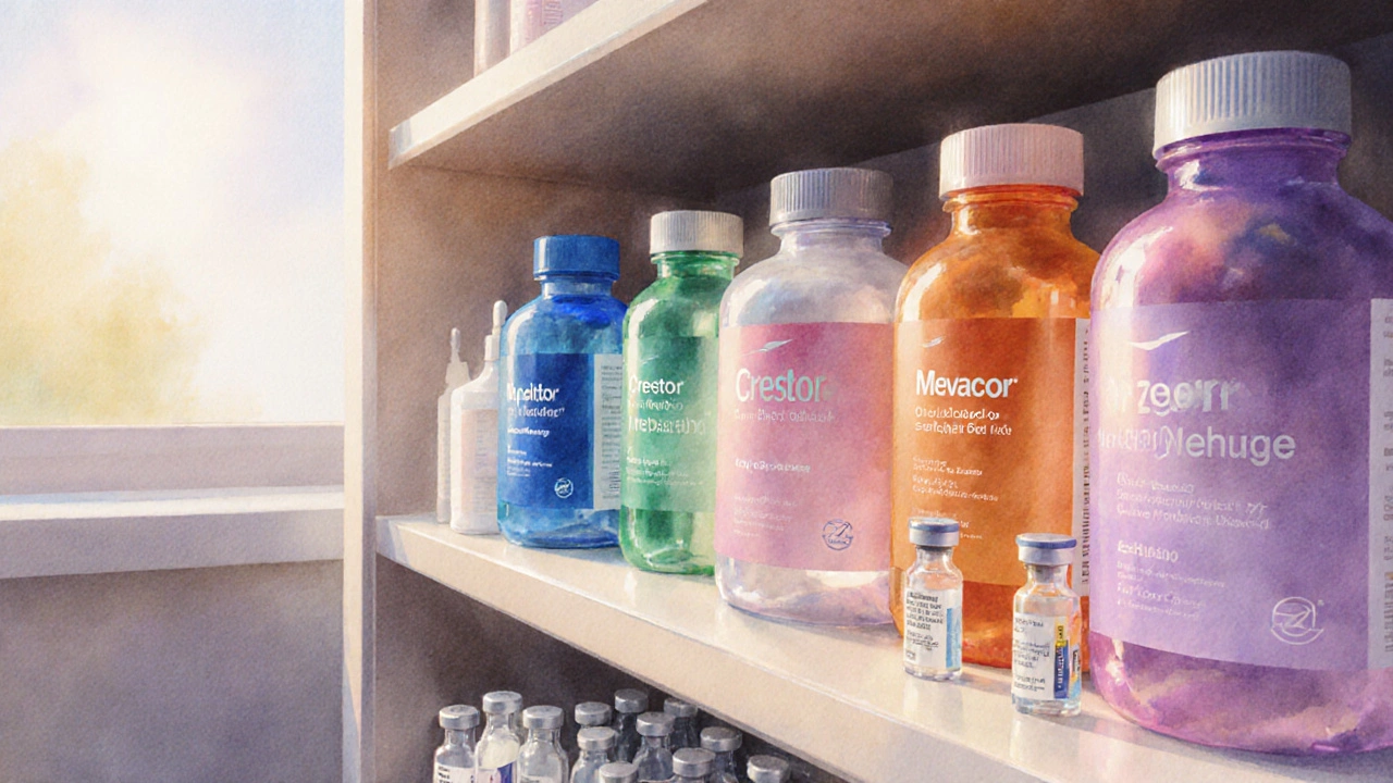Pharmacy shelf displaying various cholesterol medication bottles and injection vials.