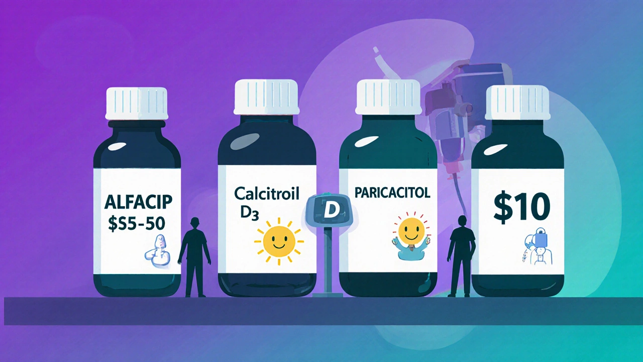 Pharmacy shelf showing four vitamin D medications with price tags and patient silhouettes, styled in gradients.