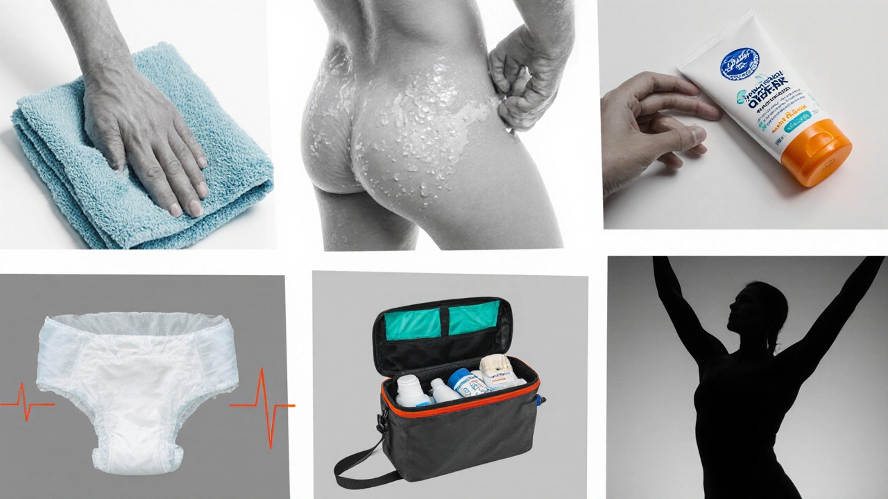Sequence showing hand drying, barrier cream application, diaper placement, travel kit, and Kegel exercise.