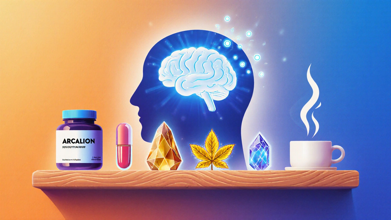 Shelf of styled nootropic items beside a glowing brain silhouette on a gradient background.