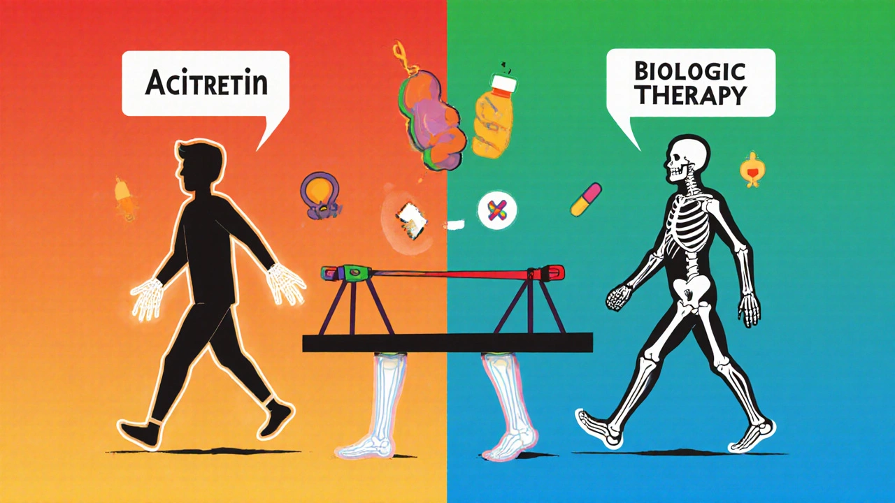 Split illustration comparing bone damage from acitretin versus protection with biologic therapy and exercise.