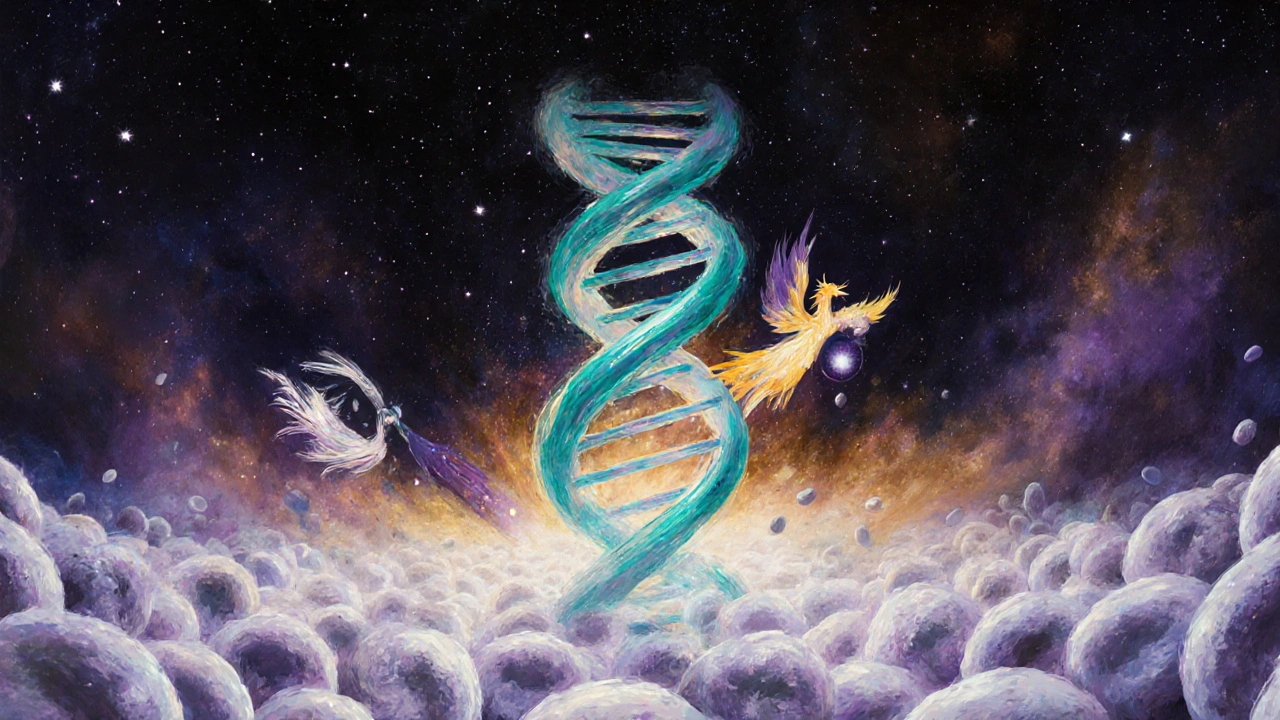 Surreal image of a helix transforming into CRISPR scissors and a phoenix‑like CAR‑T cell.