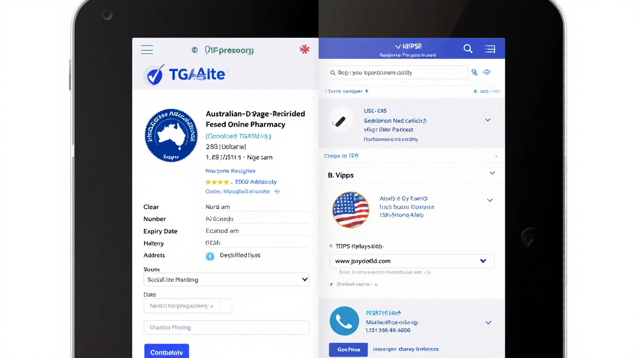 Tablet split‑screen of verified Australian and US pharmacy webpages with safety badges.