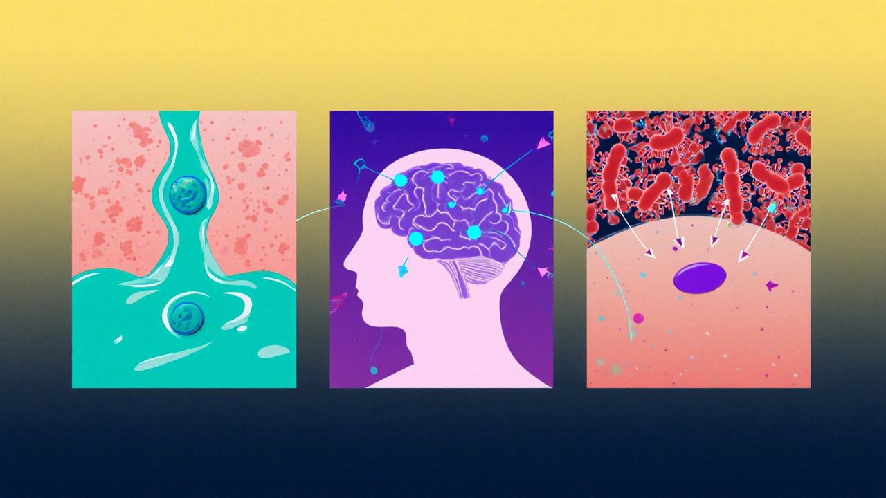 Three panels: Minocin treating acne, crossing the blood‑brain barrier, and attacking MRSA bacteria.