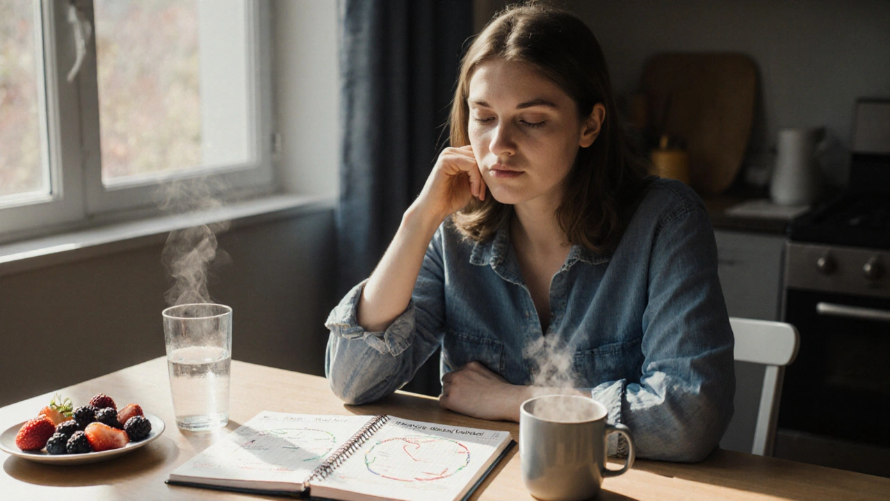 Woman at kitchen table looking tired, with coffee and a notebook indicating mood changes.