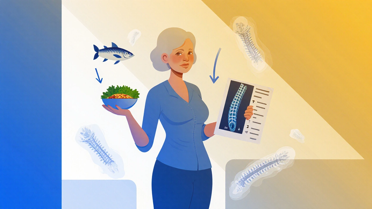 Woman holding healthy food and DEXA scan report, with fading bone fragments symbolizing bone health risk.