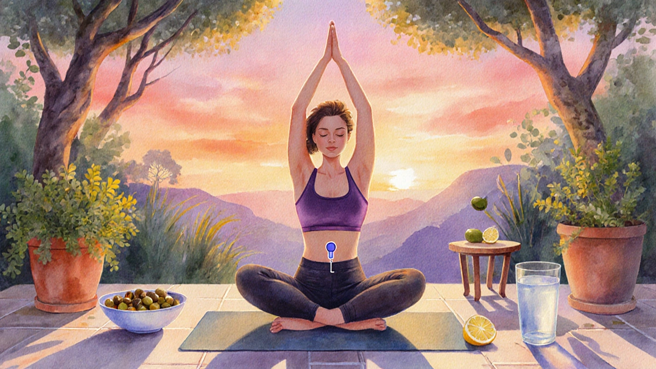 Woman practicing yoga at sunset with subtle IUD hint and healthy foods nearby.