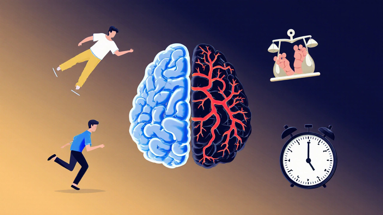 A brain split between healthy pathways and damaged blood vessels, representing how antipsychotics increase stroke risk.