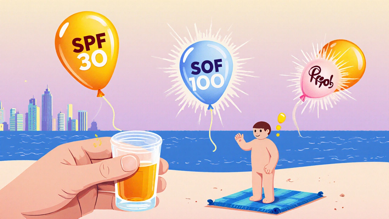 A hand holding a shot glass of sunscreen beside a tiny figure, with SPF labels as balloons showing improper vs proper use.
