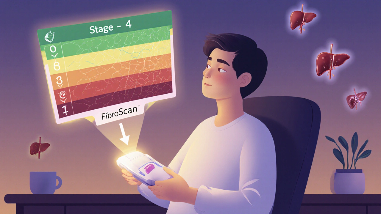 A patient with a FibroScan displaying liver fibrosis stages as color-coded bands, symbolizing disease progression.
